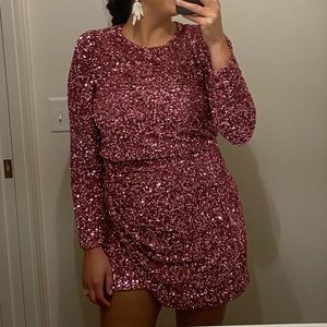 & Other Stories Padded Shoulder Pink Sequin Dress
